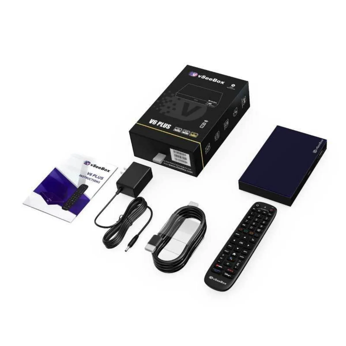 vSeeBox V6 Plus vSeeBox V6 Plus Android 14 TV box unboxed with backlit remote, HDMI cable, power adapter and retail box (Amlogic 905Y5, 4GB RAM, 64GB storage)